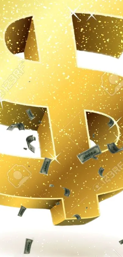 Golden dollar sign with falling money and gold glitter on white background.