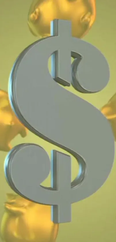 Golden dollar sign with piggy banks on yellow background.