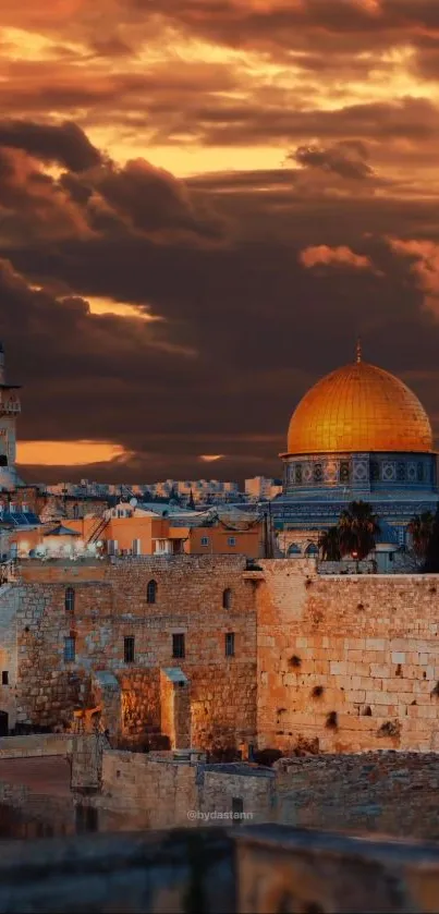 Golden dome and city skyline at sunset, Jerusalem wallpaper.