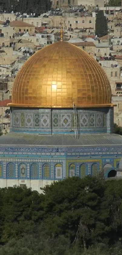 Golden Dome of the Rock against a historic city backdrop.