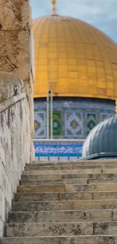 Stunning mobile wallpaper of the golden dome and stone steps in Jerusalem.