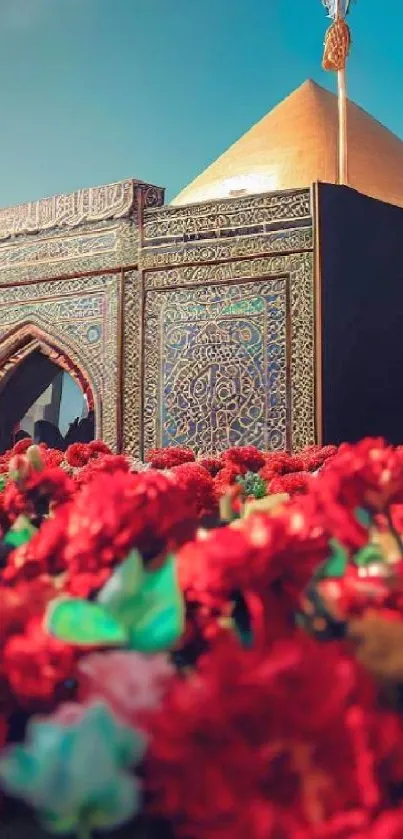 Golden dome surrounded by red roses and blue sky.