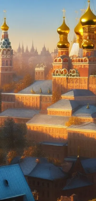 Sunlit urban skyline with golden domes in autumn colors.