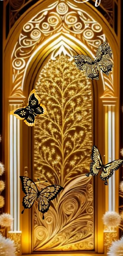 Golden wallpaper with butterflies and ornate door design.