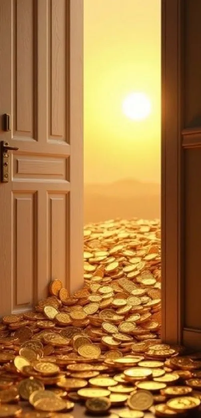 Open door with golden coins in sunlight, symbolizing wealth.