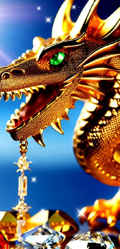 Golden dragon surrounded by glittering jewels in vivid colors.