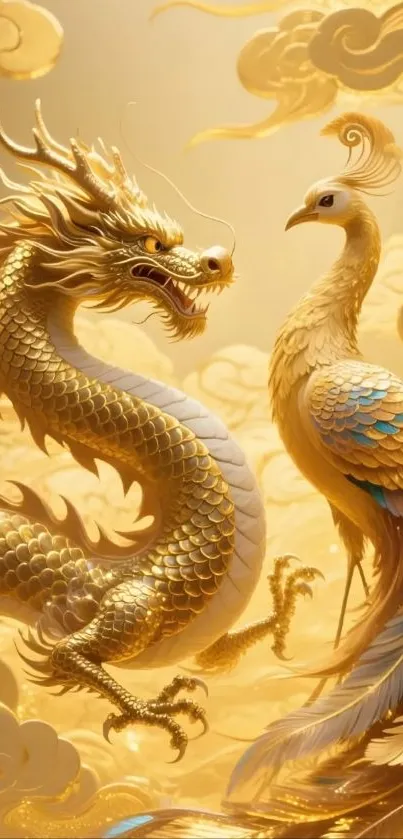 Golden dragon and phoenix in elegant artistic design.