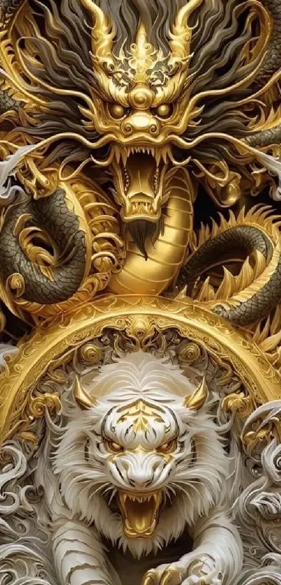 Golden dragon and white tiger artistic wallpaper.