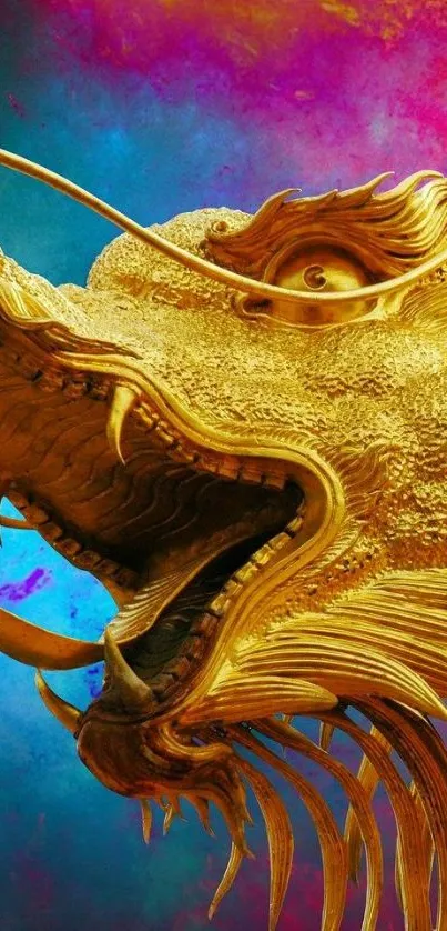 Golden dragon with vibrant blue and pink background.