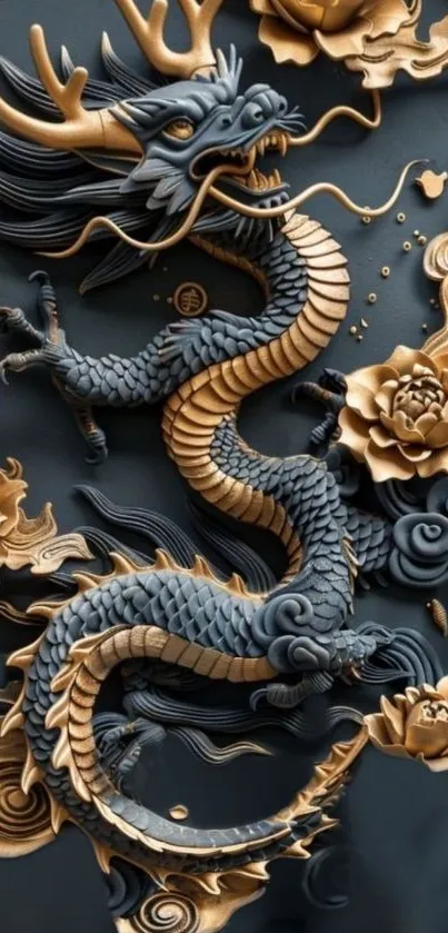 Golden dragon art with floral decorations.