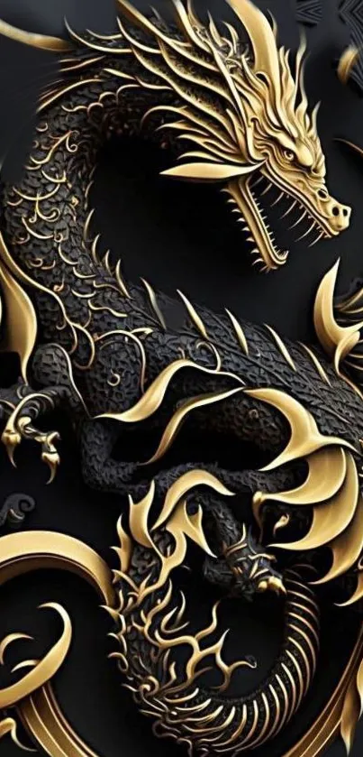 Intricate golden dragon on dark background in 3D art style.