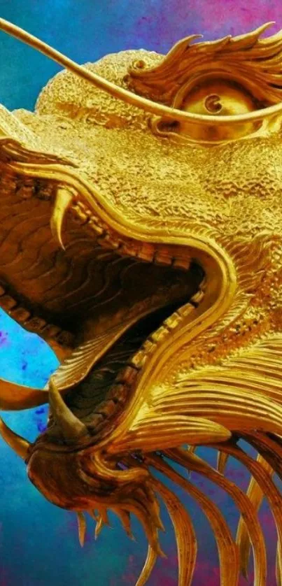 Golden dragon against vibrant colorful background.