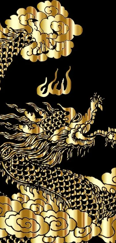 Golden dragon with flames on a black background in Asian art style.