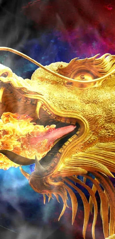 Golden dragon breathing fire with cosmic backdrop.