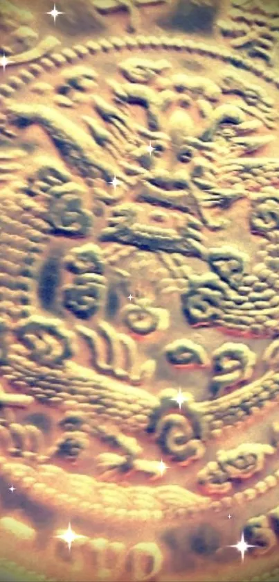 Golden dragon coin with sparkle effect on wallpaper.