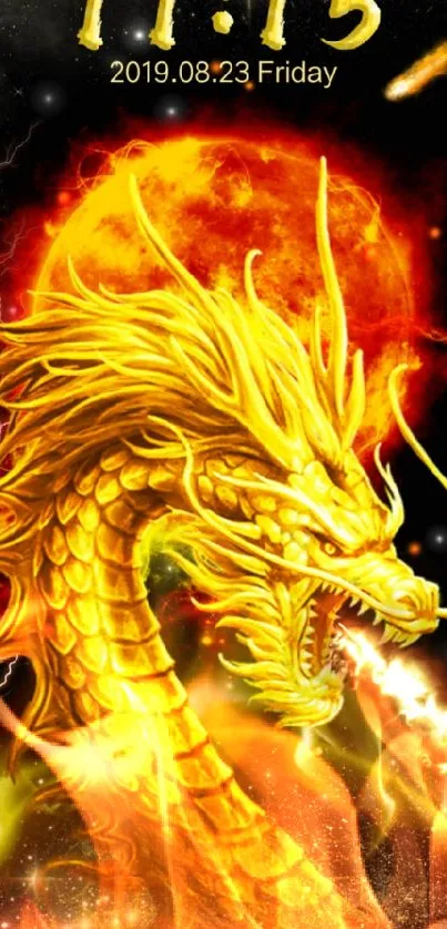 Golden dragon breathing fire in cosmic sky wallpaper.