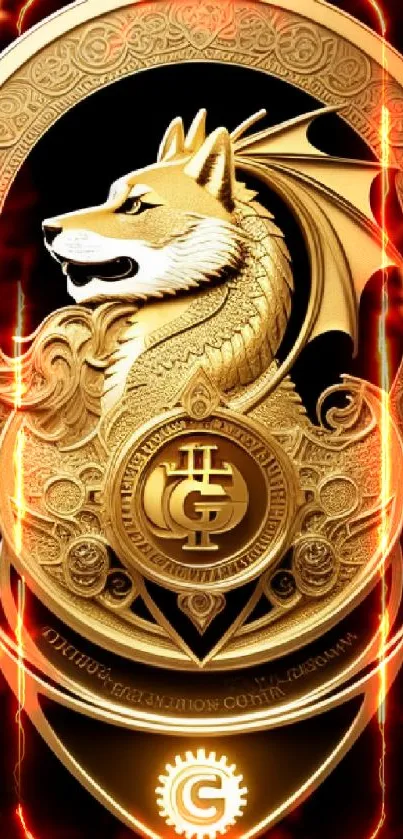 Golden emblem of dragon and dog on black background wallpaper.