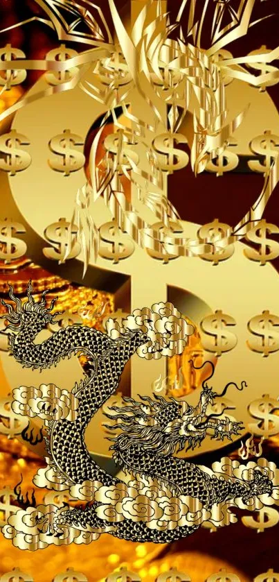 Golden dragon with dollar signs on a vibrant background.