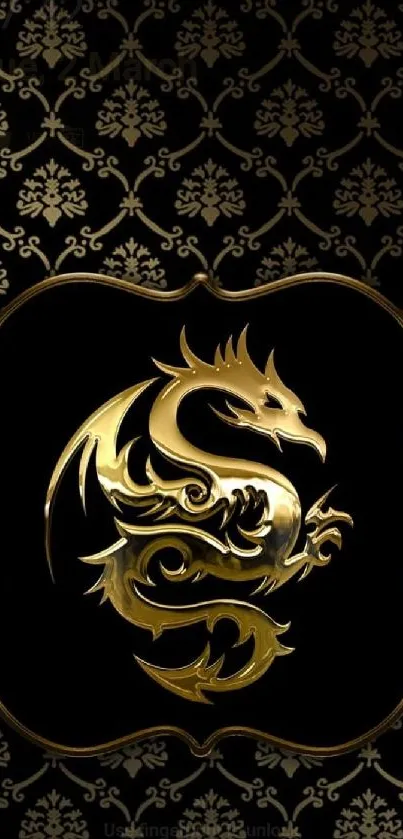 Golden dragon on black ornate background wallpaper.