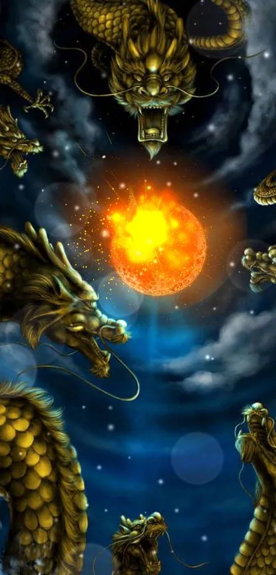 Golden dragons encircle a fiery sphere in a mystical starry sky.