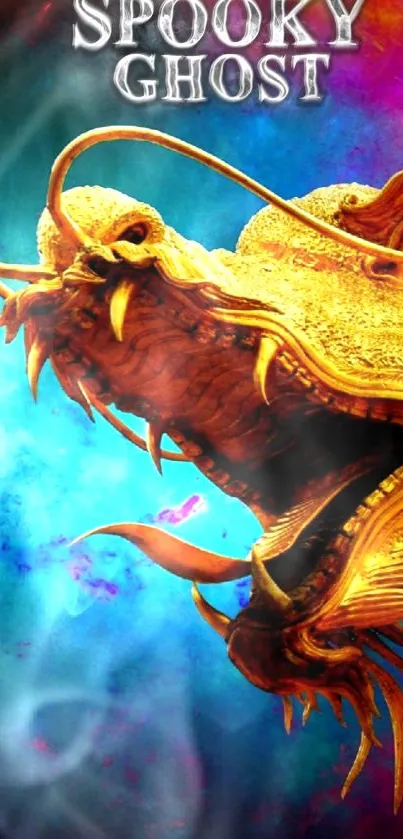 Golden dragon on vivid blue and purple background.