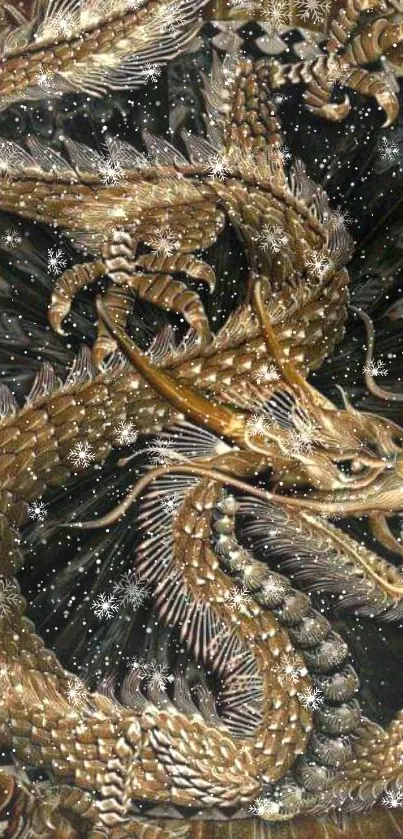 Intricate golden dragon art on a dark background, ideal for mobile wallpaper.