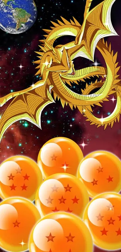 Golden dragon with orange orbs in a cosmic backdrop.