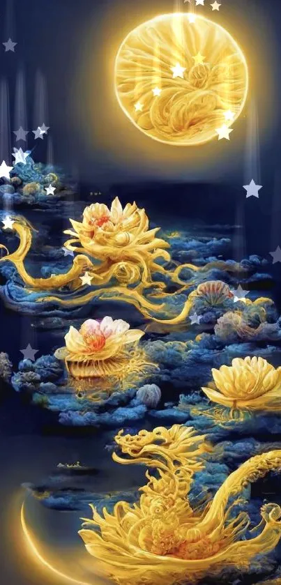 Majestic golden dragon surrounded by glowing lotus flowers and a luminous moon.