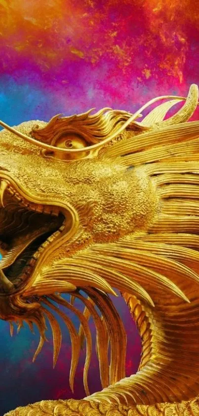 Golden dragon with vibrant colorful background.