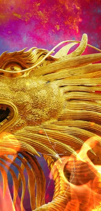 Golden dragon with vibrant cosmic background, ideal for fantasy wallpaper lovers.