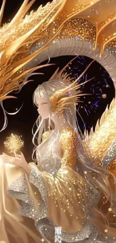 Golden dragon and maiden fantasy wallpaper with magic and shimmering details.