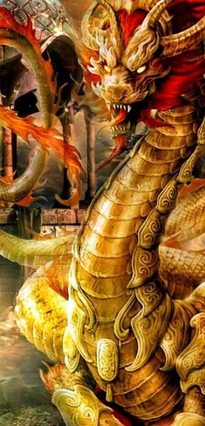 Majestic golden dragon fantasy art wallpaper with intricate details.