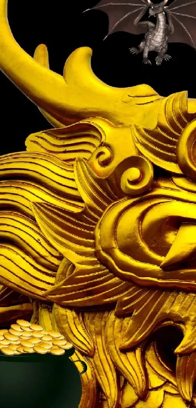 Golden dragon art with treasure pot and small dragon on black background.