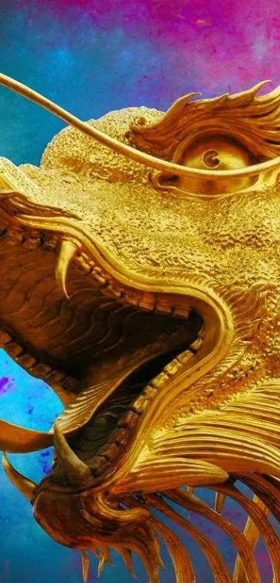 Golden dragon sculpture on vibrant blue and purple background.