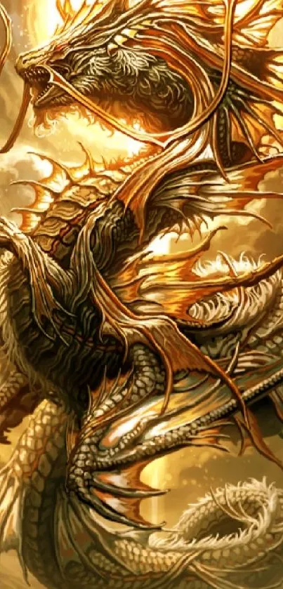 Golden dragon in a fantasy setting, glowing and majestic.