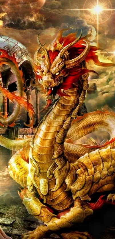 Golden dragon fantasy wallpaper with fiery background.