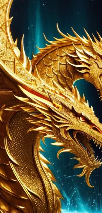 Golden dragon fantasy artwork on blue background.