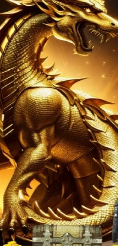 Golden dragon guarding treasure with a radiant fantasy backdrop.