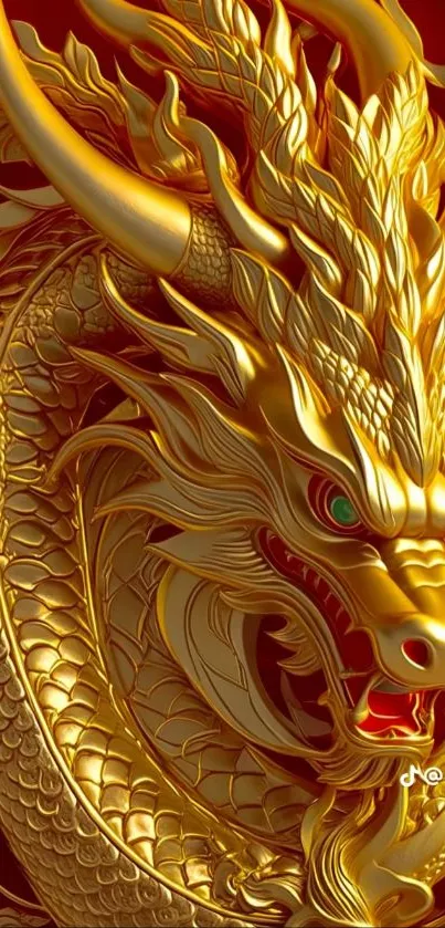 Intricate golden dragon on red background wallpaper.