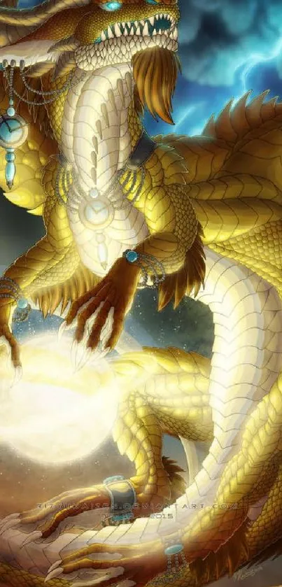 Golden dragon fantasy wallpaper with glowing orb.