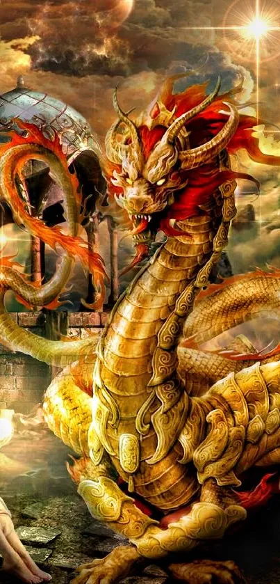 Golden dragon in a mystical fantasy scene with ornate details.