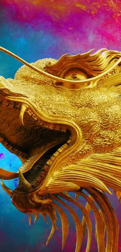 Golden dragon on bright blue and pink background.