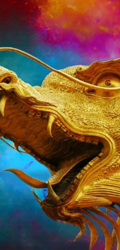 Golden dragon with colorful cosmic background.