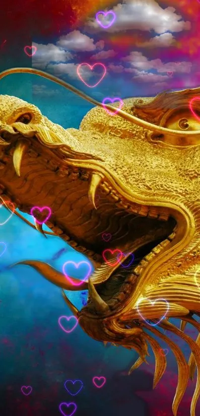 Golden dragon with colorful hearts and clouds in vibrant wallpaper.