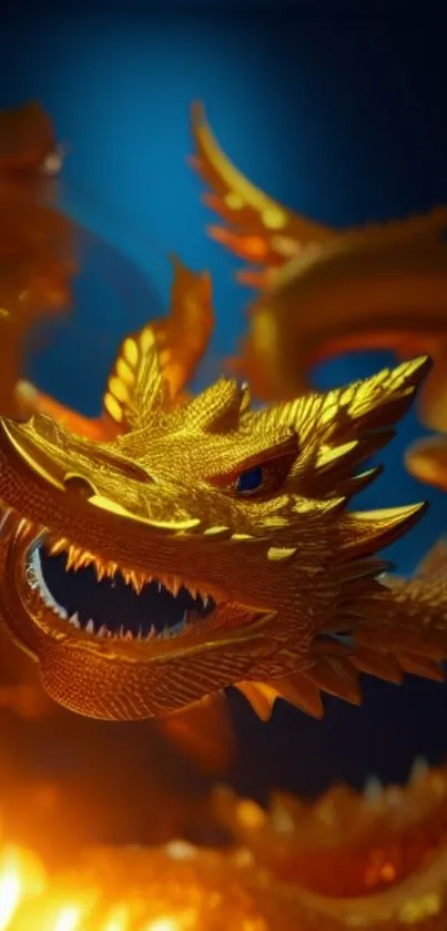 Golden dragon with intricate details on a vibrant fantasy wallpaper.