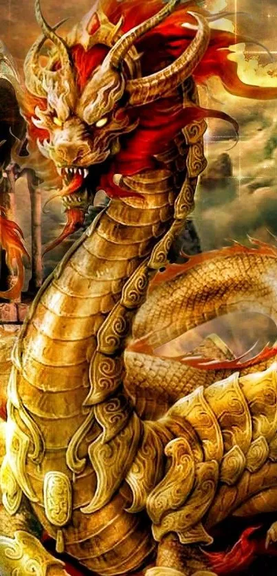 Majestic golden dragon in fantasy setting mobile wallpaper.