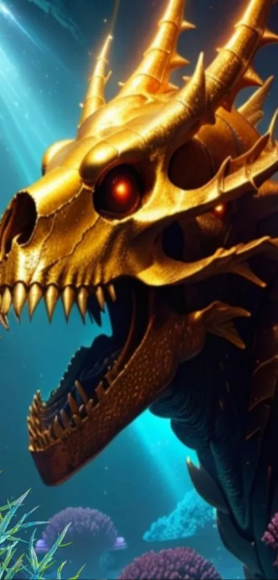 Golden dragon amidst vibrant coral underwater.