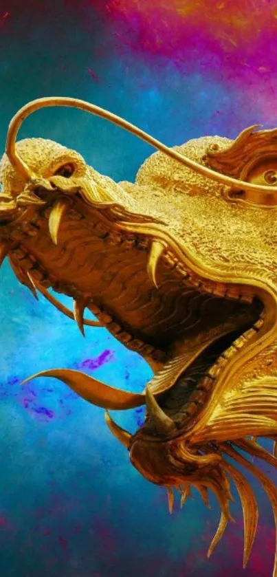 Majestic golden dragon on vivid background.