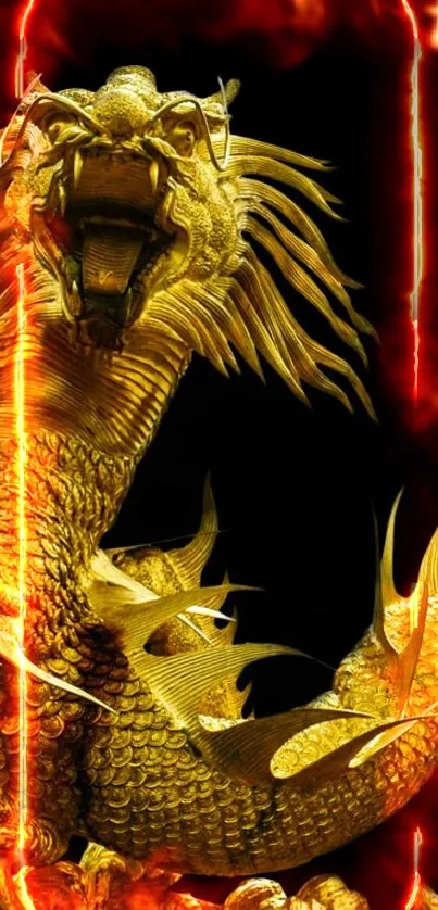 Golden dragon with fiery background mobile wallpaper.