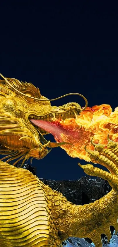 Golden dragon breathes fiery blaze at night with dark sky background.